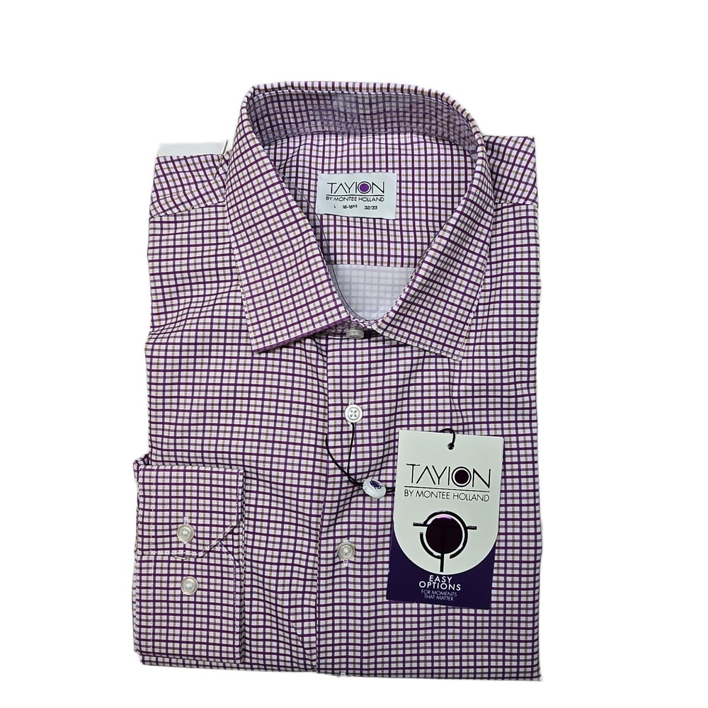 Tayion Holland Dress Shirt Mens Large‎ 16-16.5 32/33 White Purple Gold Plaid NEW